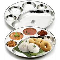 Urban Kraft 5In1 Stainless Steel Plates With Compartments/Bhojan Thali/Round Sinduri Partition Plate Set Of 2 / Steel Plates For Lunch/Dinner - Extra Deep Mess Tray (Pack Of 2, Diameter 31Cm)