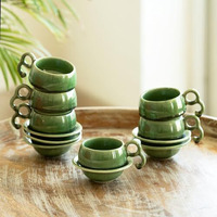 Exclusivelane 'Jade Forest' Ceramic Cups And Saucers Set Of 6 (120 Ml, Jade Green, Dishwasher & Microwave Safe) | Ceramic Tea Cups Set Of 6 Coffee Cups Set Tea Mugs Set Of 6 Chai Cups Ceramic Cup Set