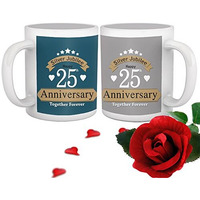 Tied Ribbons Ceramic Jubilee 25Th Wedding Anniversary Gift Printed Coffee Mug Set With Rose, 325 Ml, 2 Pieces, Multicolor