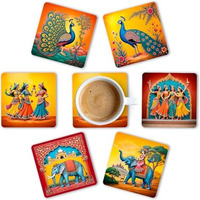 Brizberry Premium Ethnic Peacock Elephant Rajasthani Square Wooden Coasters, Fit For Tea Cups, Coffee Mugs And Glasses 4 8 12 (3.5X3.5 Inch) Square 11 (Set Of 6)