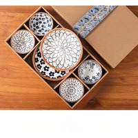 Agabani Japanese Asian Cuisine Dinner Set, Bowls Serving For Pasta, Salad, Noodle, Dessert, Oatmeal, Rice, Snack, Soup White And Blue Porcelain Bowls For Kitchen, Dinner Bowl Set Of 6(2Plate+4Bowl)