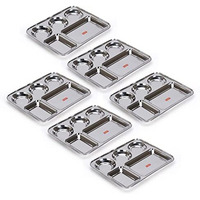 Sumeet Stainless Steel Rectangular 5 In 1 Compartment Lunch/Dinner Plate Set Of 6Pcs, 37.4Cm Dia, Silver