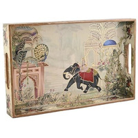 Homeshastra Wooden Serving Tray With Gold Engraving | Set Of 1 | Size : 16X10 Inch Enamel Coated Waterproof | Rectangular| Decorative Trays (Large Royal Elephant)