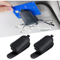 2Pcs Car Sunglasses Holder - Magnetic Clip For Sun Visor, Pu Leather Eyeglass Hanger And Ticket Card Clip