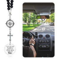 Sthira Guardian Angel Cross Car Mirror Hanging Car Charm With Psalm Verse Beaded Cross & Stainless Steel Compass Pendant For Rear Mirror Spiritual Car Hanging Accessories Interior Decor & Ideal Gift