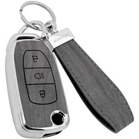 Keyzone Woodgrain Tpu Key Cover & Keychain For Tata Curvv, Nexon, Harrier, Safari, Punch, Altroz, Tiago, Tigor 3B Flip Key (Oak Grey)