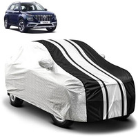 Fabtec Car Body Cover For Hyundai Venue Waterproof Uv & Rain Protection Metallic Silver With Black Stripes Car Cover With Mirror Pocket Bottom Elastic Full Size Car Cover
