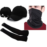 Homeistic Applience Men's And Women's Cotton Lycra Comfortable Summer Accessories Black Combo Offer (Cap, Arm Sleeves, Bandana Mask, Pack Of 3)