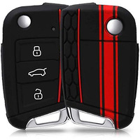 Jvcv Car Key Cover Compatible With Skoda Octavia, Kodiaq Superb Folding Key - Rally Stripe (Black Red)