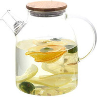 Fitsflair Glass Water Jug With Wooden Lid, Drinking Beverage Pitcher With Cap, 2 Litre, Set Of 1
