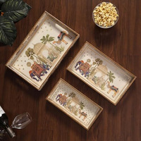 Homeshastra Wooden Serving Tray With Gold Engraving | Set Of 3 | Size : 16 X 10 Inch, 14 X 8 Inch & 12 X 6 Inch | Enamel Coated Waterproof | Rectangular | Decorative Trays | Royal Camel Set
