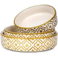 Separate Way Ceramic Flat Deep Serving Bowl Set Of 3, Mix Size - 800Ml, 600Ml, And 500Ml | Glossy Finish | Salad, Snack, Pasta Plates | Flat Bowl | Serving Plate | Mix Bowl Plates (Moroccan Golden)