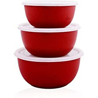 Bowl Fiery Stainless Steel Microwave Safe Bowls With Lids (14, 16,18 Cm) 3 Pieces Set (Red), 2500 Ml