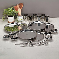 Sumeet Stainless Steel Solid Heavy Gauge Mirror Finish Dinner Set Of 24 Pcs (6 Plate, 6 Bowl/Wati, 6 Glass, 6 Spoon), Silver