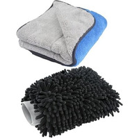 Auto Hub Microfiber Car Cleaning Cloth And Wash Mitt Kit - Includes Ultra Soft 600 Gsm Extra Large (30X40 Cm) Microfiber Cloth For Car And Dual Sided Chenille Microfiber Wash Mitt 1700 Gsm