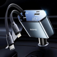 Gismo Retractable Car Charger 100 W 4 In 1 Super Fast Phone Charge Retractable Cables (31.5 Inches) Type C And Lighting Cable And 2 Ports Compatible, For Iphone 16/15/14/13/12 Pro Max/Ipad, Grey
