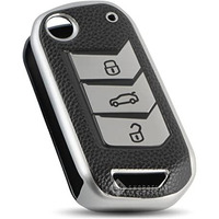 Shopoflux Tpu Leather Key Cover Compatible With Mahindra Scorpio N | 3Xo | Xuv 300 | Marazzo | Xuv 700 | Xuv 400 Ev | Bolero | Thar 3 Button Flip Key (Black Silver)
