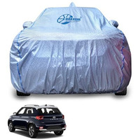 Garrege Metallic Silver Triple Coated Inner Soft Lining Cotton Waterproof Car Body Cover With Mirror Antena Pocket Blue Strap Style For Hyundai Venue Cars (Box Printed Silver)