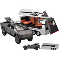 Alokik Enterprise 1:32 Scale Die-Cast Tesla Cybertruck With Pick-Up Trailer With 6 Openable Doors Pull Back Action,Lights & Music Best Vehicle Gift For Kidspack Of 1Random Color