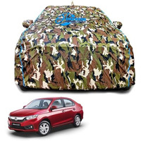 Garrege Waterproof Car Body Cover Compatible For Honda Amaze With Mirror Pocket And Antenna Pocket, Triple Stitched (Dynamite Jungle Print With Blue Piping Design)