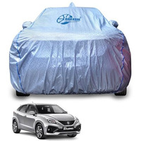 Garrege Waterproof Car Body Cover For Maruti Baleno With Mirror And Antenna Pocket And Belt Soft Cotton Lining (Front And Back Bottom Elastic Triple Stitched) (Metallic Silver With Blue Piping)