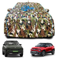 Garrege Waterproof Car Body Cover Compatible For Tata Punch With Mirror Pocket And Back Side Antenna Pocket, Triple Stitched (Dynamite Jungle Print With Blue Piping Design)