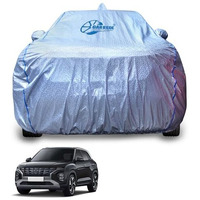 GarregeMetallic Silver Triple Coated Inner Soft Lining Cotton Waterproof Car Body Cover With Mirror Antena Pocket Blue Strap Style For Hyundai Creta,2021,2022,2023,2024 Cars (Box Printed Silver)