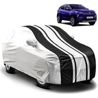 Fabtec Car Body Cover For Tata Nexon New Waterproof Uv & Rain Protection Metallic Silver With Black Stripes Car Cover With Mirror Pocket Bottom Elastic Full Size Car Cover
