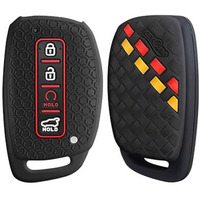 Keycare Silicone Key Cover Compatible For Alcazar And Creta 2021 With 4 Button Smart Key (Black With Red/Black Full Leather Keyholder)