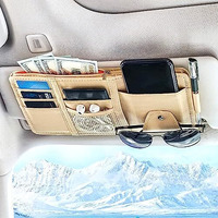 Sarte Car Sun Visor Organizer Multi-Function Car Space With Multi-Pocket Net Zipper Car Storage Organizer And Sunglass Holder Pu Leather For Car (Beige)