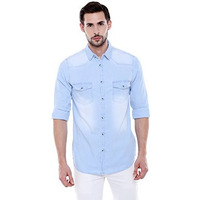 Dennis Lingo Men's Cotton Full Sleeves Washed Denim Casual Shirt With Flap Pockets (Light Blue, S)