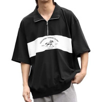 Jc Jump Cuts Jump Cuts Mens Printed Half Zipper Polo Neck 3/4Th Sleeve Black And White Cotton Blend Regular Fit T-Shirt, Xl