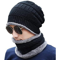 Tradehub Unisex Winter Knit Neck Scarf And Warm Beanie Cap Hat Combo (Black)