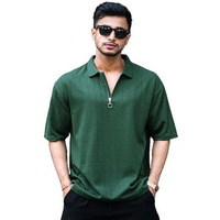Maniac Mens Textured Polo Neck 3/4Th Sleeve Half Zipper Dark Green Cotton T-Shirt