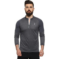 Campus Sutra Men's Charcoal Grey Basic Activewear T-Shirt For Casual Wear | Mock Neck | Long Sleeve | Pull On Closure | Polyester Jersey T-Shirt Crafted With Comfort Fit For Everyday Wear