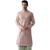 Kisah Men Blushing Peach Woven Design Kurta Full Sleaves, Knee Length, Straight, Regular Fit, Mandarin Collar Ethnic Wear, 50