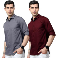 Tee Projekt Cotton Shirt For Men Ll Front Pocket Shirt Ll Stylish Long Sleeve Shirt Ll Soild Regular Fit (Pack Of 2) Grey-Maroon