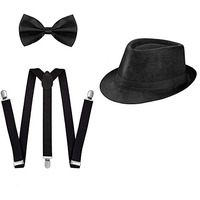 Clothera Suspender And Bow Tie Set With Matched Paper Straw Hat For Men- (Black)
