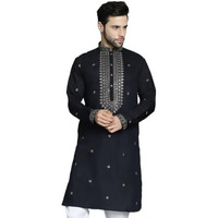 Jompers Men's Black Sequin Embroidered Kurtas (Black, M)