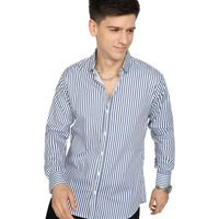 Men's Cotton Casual Printed Striped Stylish Latest Shirt For Men (Blue-White; Medium)