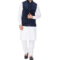 Vastramay Men Cotton Kurta Modi Jacket And Pyjama Set (White_Vasmkpwh014Nmjt014Bu_42)