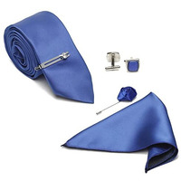 Louis Stitch Mens Solid Blue Luxury Italian Silk Necktie Set Brooch Chrome Tie Pin Cufflinks Pocket Square Combo (Czech) (Lste-Pl-Bu01-Cp)