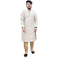 Larwa Men New Look Gold Leaves Jacquard Kurta & Churidar Set (Cream & Gold);Size:42