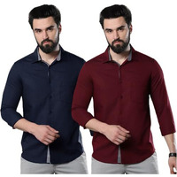 Pinkmint Combo Of Men Casual Cotton Blend Full Sleeves Formal Regular Slim Fit Plain Office Shirts