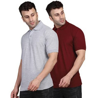Inkkr Men's Combo Polo Neck Cotton Blend Solid T-Shirt (Pack Of 2) Grey-Maroon