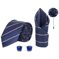 Axlon Mens Plaid Micro Self Silk Necktie Gift Set With Pocket Square Cufflinks & Brooch Pin Tie For Men Formal Tie Set With Box (Pack Of 4) (Blue, 2022Ax_4)