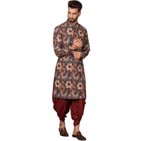 Kisah Men's Kurta Dhoti Set, Multi Cotton Blend, Printed Regular Fit Mandarin Collar Long Sleeves (L)