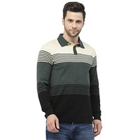 Kalt Men Full Sleeve Multi Color Designer Striped Cotton Blend Polo T-Shirt With Collar Stylish(Black::Green Melange;Xl)