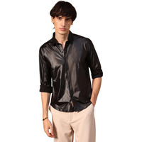 Campus Sutra Men's Polyester Blend Obsidian Black Solid Suede Shirt For Casual Wear | Spread Collar | Long Sleeve | Button Closure | Shirt Crafted With Comfort Fit For Everyday Wear, Large