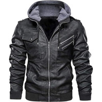 Blaq Ash Men's Faux Leather Hooded Motorcycle Jacket, Zip-Up, With Pockets, Removable Hood (Medium, Black)